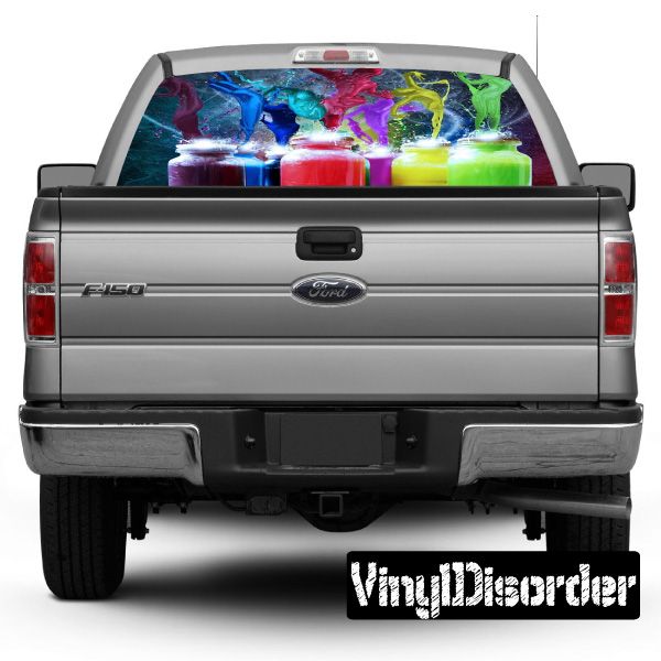 Pickup truck rear window graphic with colorful graffiti artwork, rear view