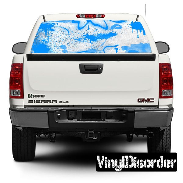 Vehicle rear window decal with blue graffiti-style graphic