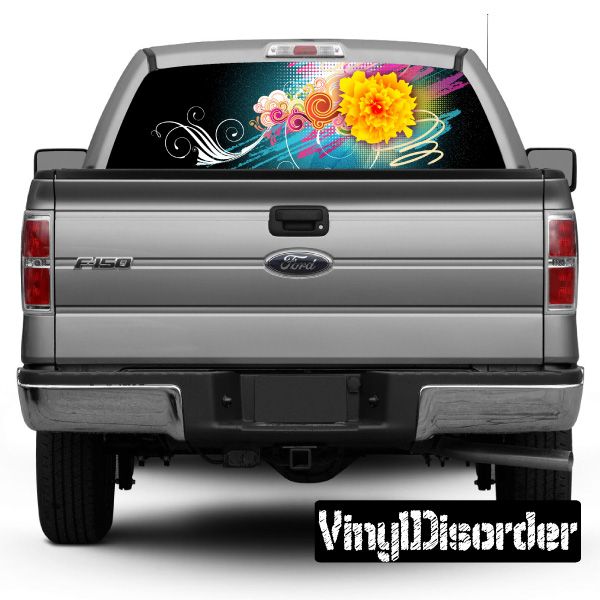 Car rear window graphic decal with colorful flower and graffiti design