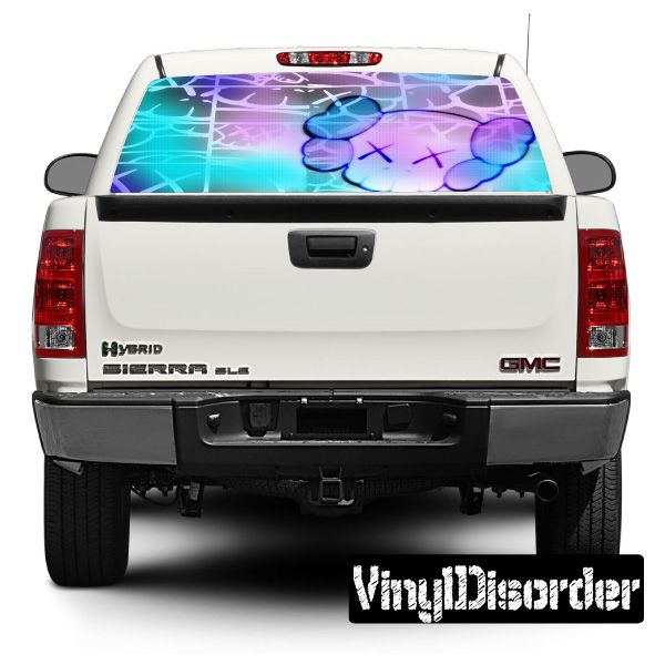 White pickup rear hatch with colorful cartoon rear-window graphic and Hybrid badge
