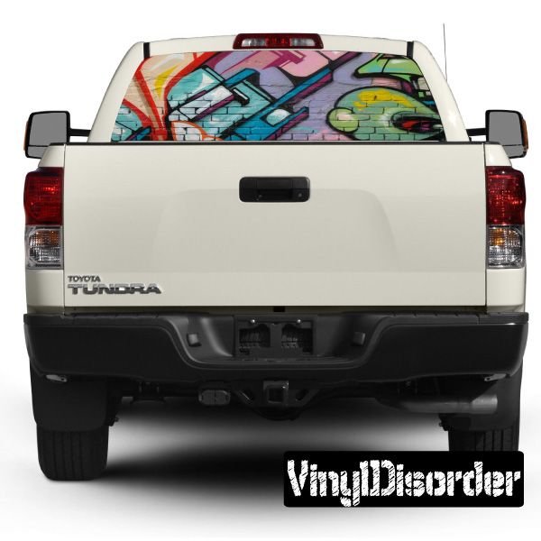 Truck rear window graphic with colorful graffiti-style design