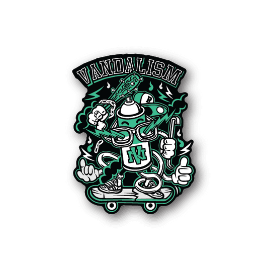 Vinyl sticker with circular graffiti design, green VANDALISM text and skateboard character