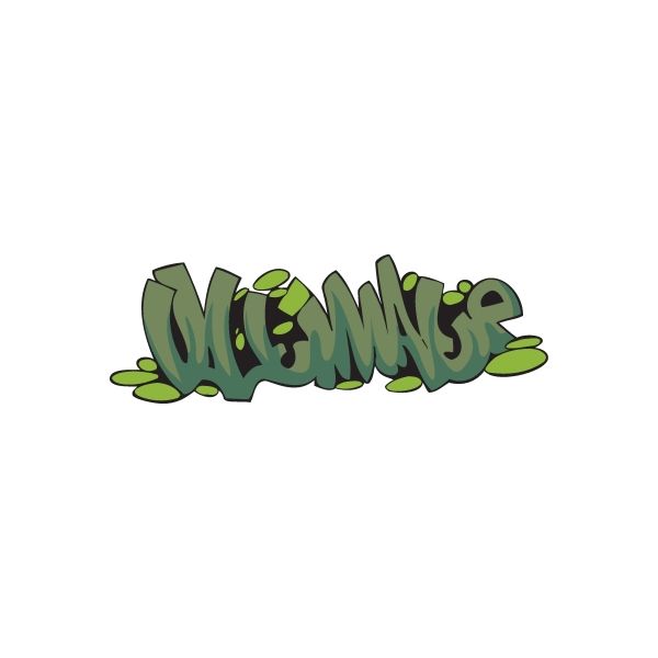 Graffiti vinyl sticker with stylized green and gray lettering, die-cut shape
