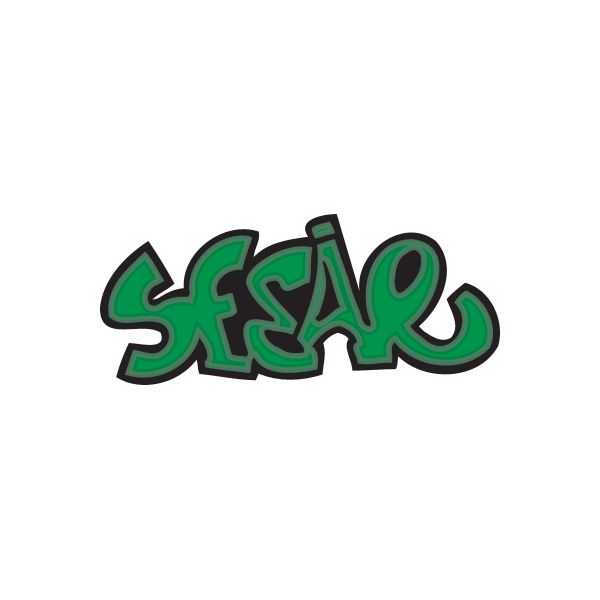 Green graffiti-style die-cut vinyl sticker with stylized letters