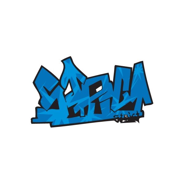 Blue graffiti wall decal sticker with black outline, die-cut vinyl