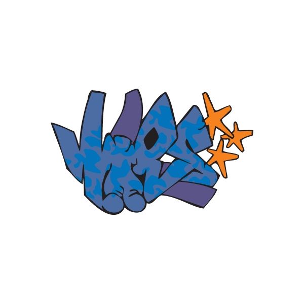 Graffiti vinyl wall decal sticker with blue and purple lettering and orange star accents