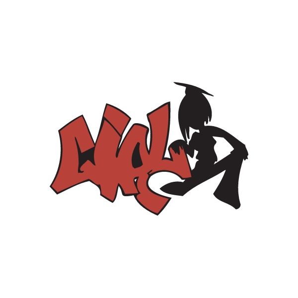 Graffiti vinyl decal sticker with red tag letters and black figure silhouette