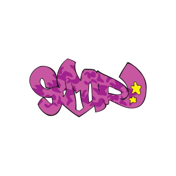 Purple graffiti vinyl decal with stylized lettering and two yellow star accents