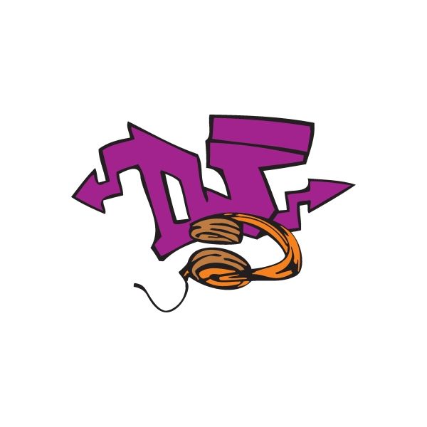Graffiti vinyl sticker with purple letters and orange headphones