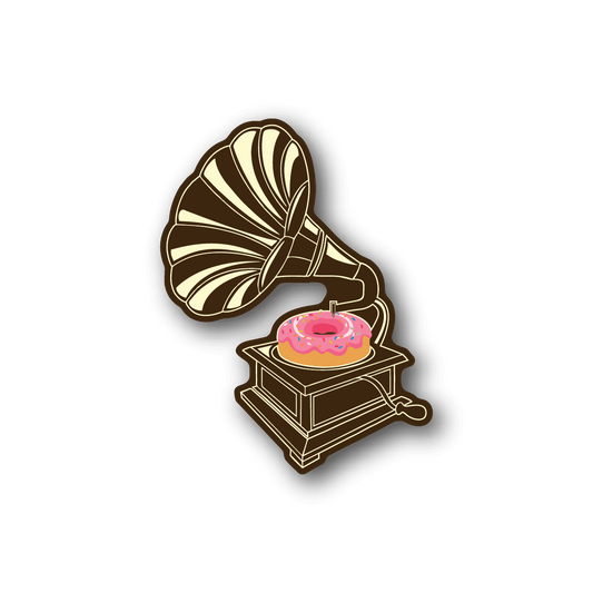 Gramophone vinyl donut sticker with pink glazed donut on a gold gramophone horn