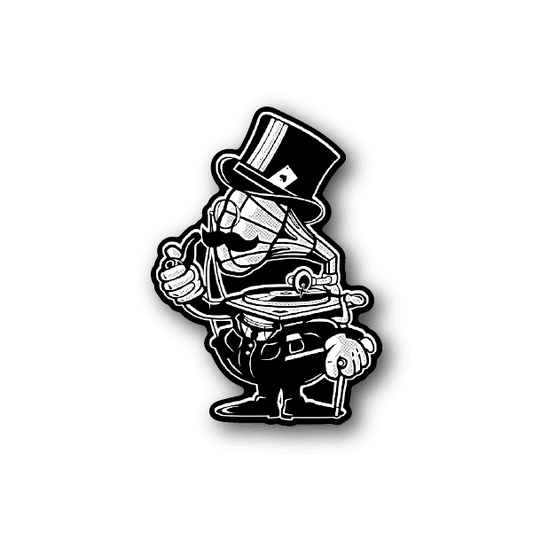 Gramophone head vinyl sticker with cartoon character holding a record