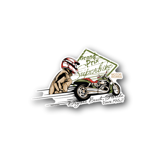 Vinyl racing sticker with rider and sport motorcycle, green and red accents, text logo