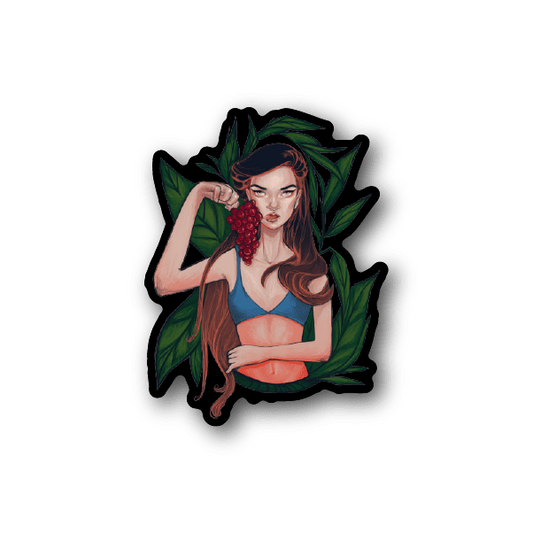 Vinyl sticker of a girl with grapes in her hair and green leaves