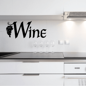 Wine wall decal with grape cluster and cursive 'Wine' text