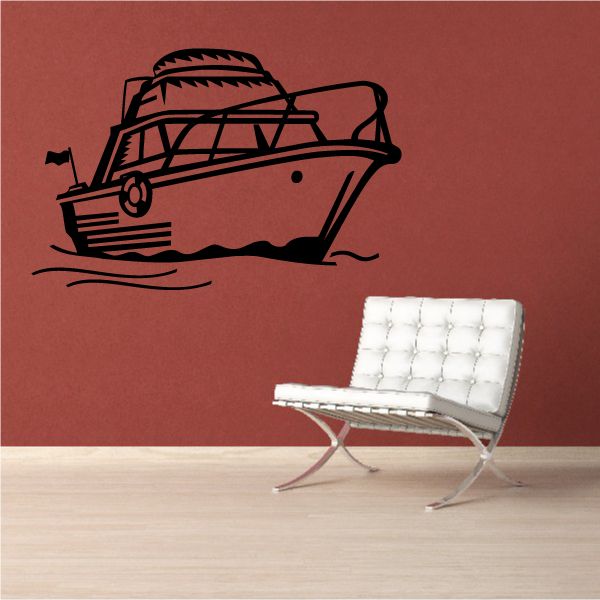 Cruising yacht graphic decal, black line art on red wall