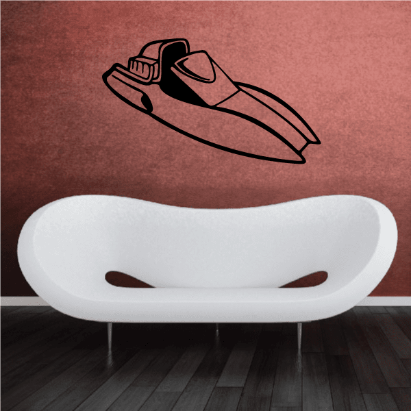 Graphic hydroplane decal with black outline boat illustration