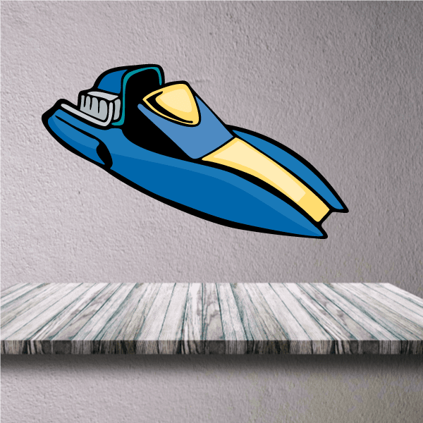 Blue and yellow hydroplane graphic sticker with cabin and wing detail