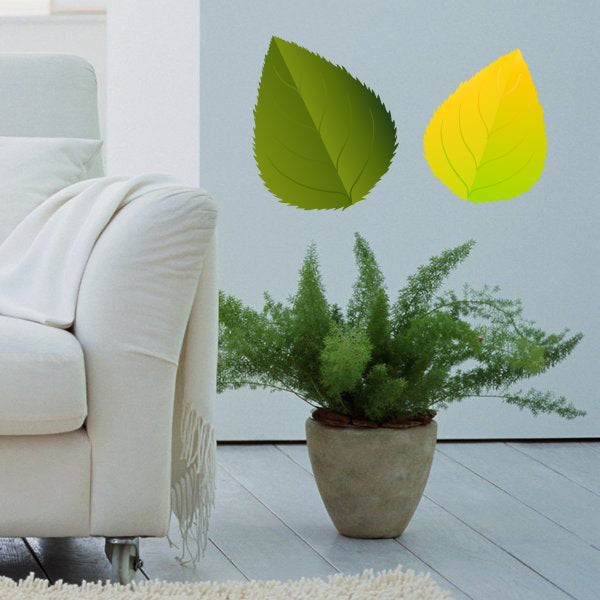 Green and yellow leaf stickers set, teardrop leaf shapes with veining details