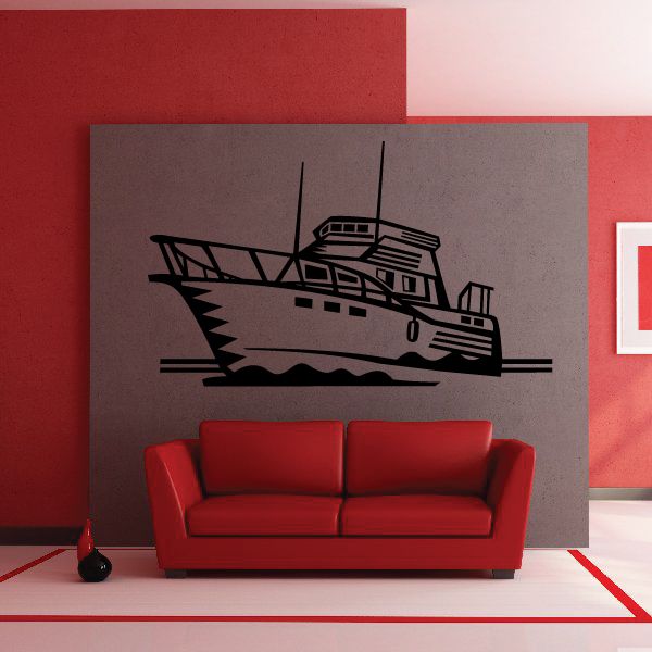 Sailing yacht graphic decal with black silhouette on gray background.