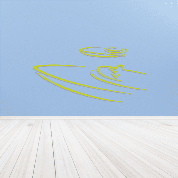 Pair of speedboat printed decals with lime-yellow outlines and riders