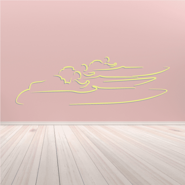 Graphic speedboat race decal with line art racing boat and wave accents