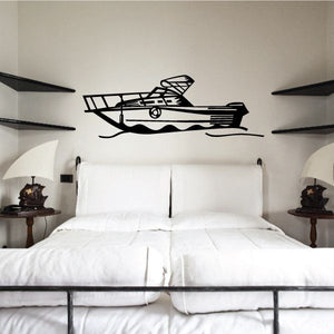 Yacht line-art wall decal, black graphic of sailboat and waves