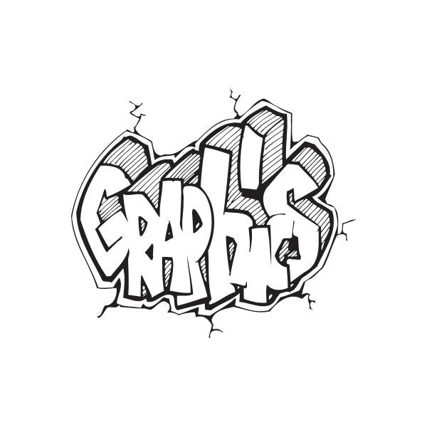 Graffiti decal with bold black and white tag lettering