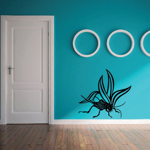 Cricket and grass blade wall decal with black cricket and curved ring accents