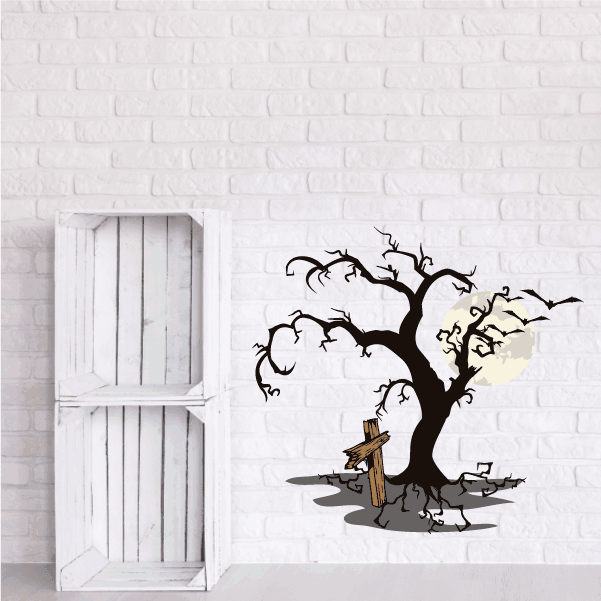 Image of Grave Marker with Spooky Tree Printed Die Cut Decal