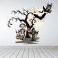Halloween printed die-cut decal with skeleton by haunted tree and jack-o'-lanterns