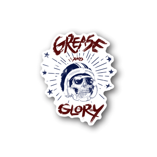 Motorcycle vinyl sticker: skull with rays, red/blue 'Grease' and 'Glory' text