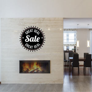 Round black wall decal with white Great Deal Sale lettering