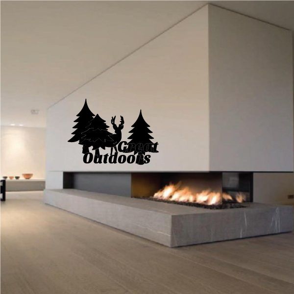 Black outdoor scene wall decal with pine trees, bear, and 'Outdoors' text