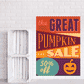 Pumpkin sale sticker, 'the GREAT PUMPKIN SALE' text with 50% off and jack-o-lantern