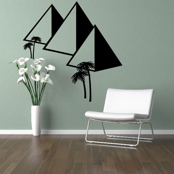 Egyptian pyramids vinyl wall decal with three black pyramids and palm trees