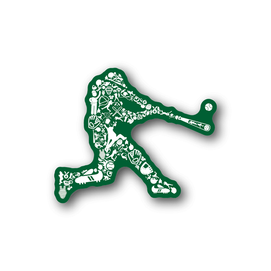 Green baseball player vinyl sticker with white outline holding a bat