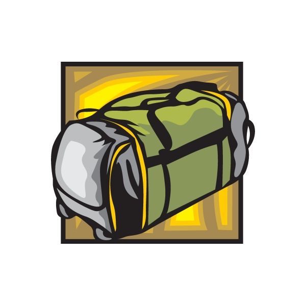 Green duffel bag sticker, cartoon-style with green body and black outline.