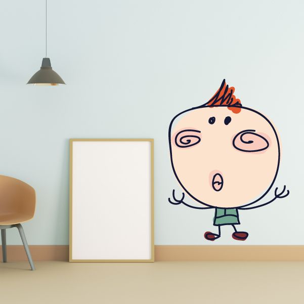 Cartoon boy sticker with green hair, pale face, red shoes and curly lines