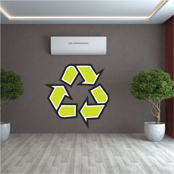 Green recycle symbol sticker with circular arrows and label graphics
