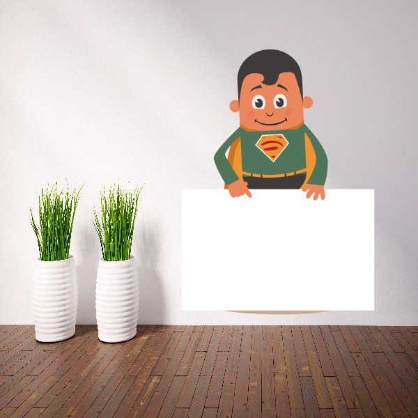 Green superhero cartoon pointing to blank sign sticker