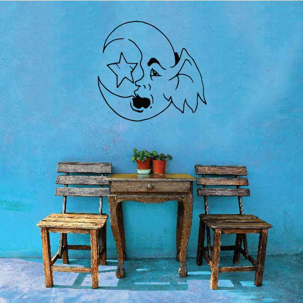 Gremlin moon wall decal with outlined crescent moon and mischievous face in dark ink