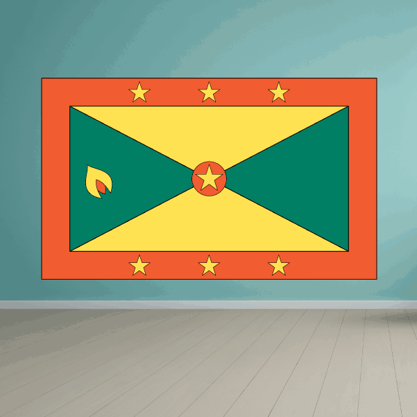 Grenada flag sticker, rectangular flag design with nutmeg emblem and yellow stars