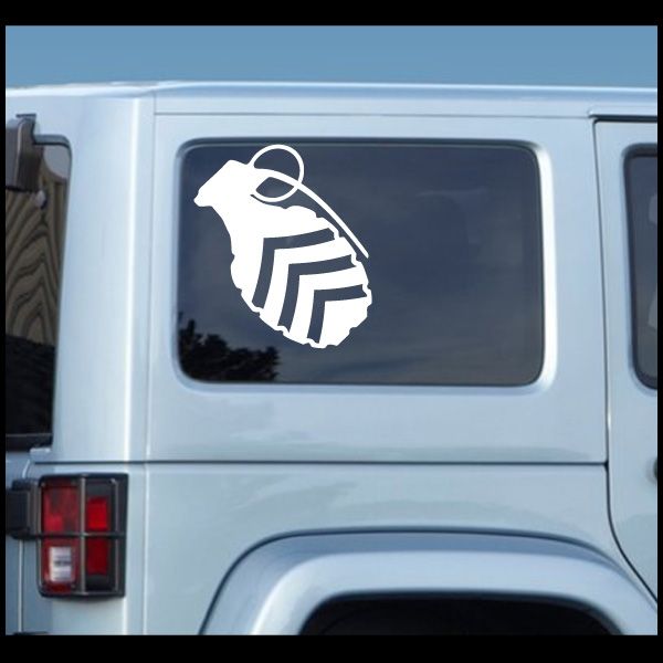 Grenade decal sticker with white grenade icon on dark window