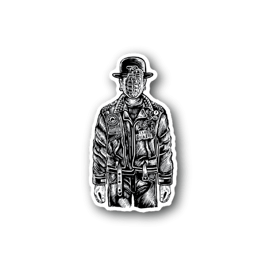 Vinyl sticker of astronaut face with helmet and chest badge, white outline on dark