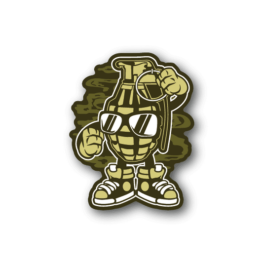 Cartoon grenade-man vinyl sticker of armored figure holding a grenade