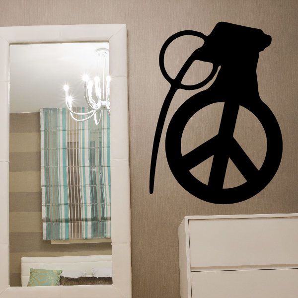 Black grenade peace sign wall decal with peace symbol and grenade silhouette