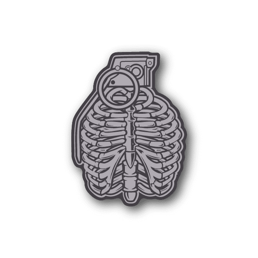 Vinyl sticker of grenade with ribcage skeleton design, gray outline