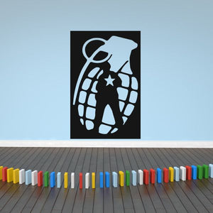 Black and light blue soldier grenade wall decal with helmet, backpack, and grenade.