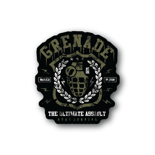 Military grenade vinyl sticker with circular emblem, laurel wreath, skull and banner