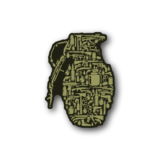 Vinyl sticker with olive green weapons collage grenade silhouette